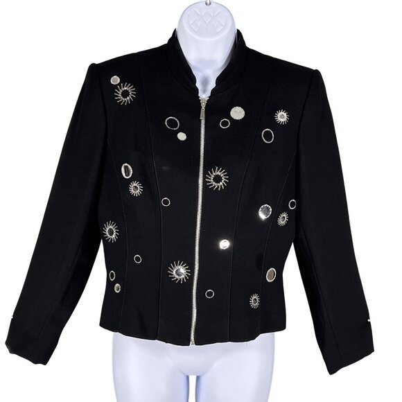 Alberto Makali Caché 8 / M Black Evening Blazer Silver Sunburst Star Embroidery - Picture 2 of 13